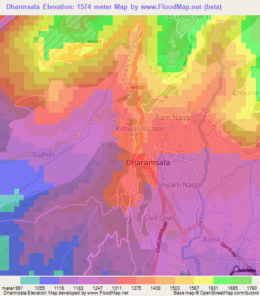 Dharmsala,India Elevation Map