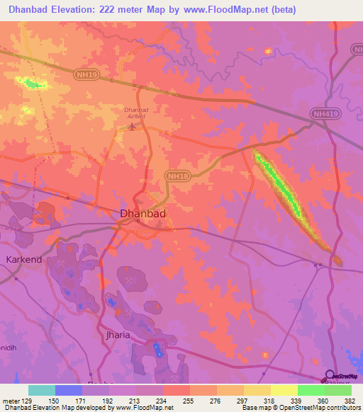 Dhanbad,India Elevation Map