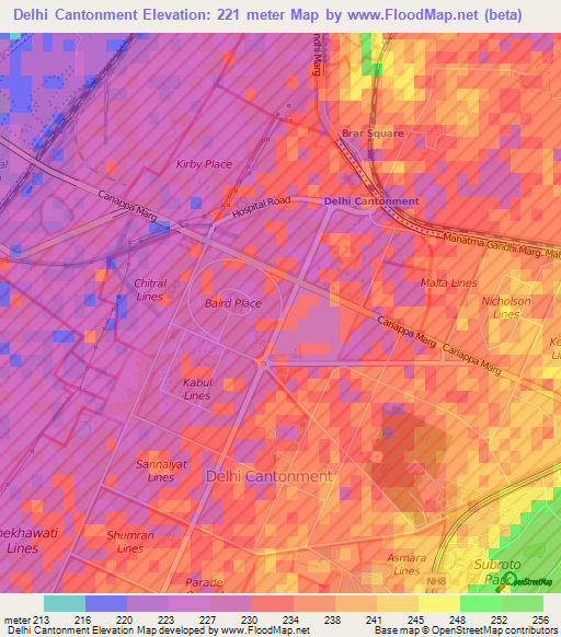 Delhi Cantonment,India Elevation Map