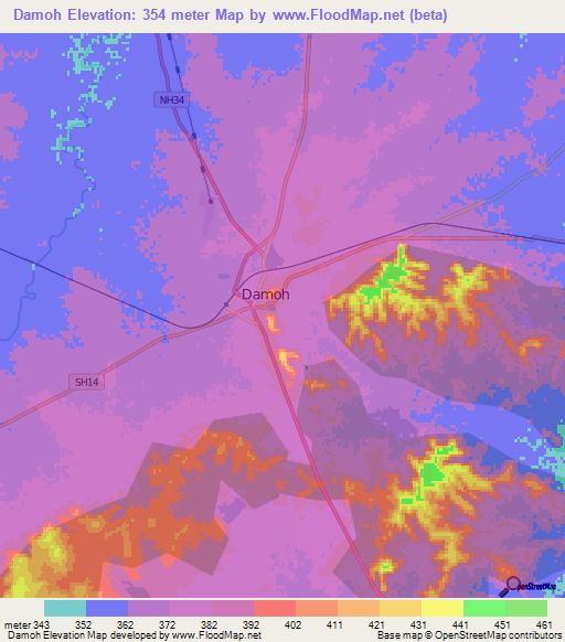 Damoh,India Elevation Map