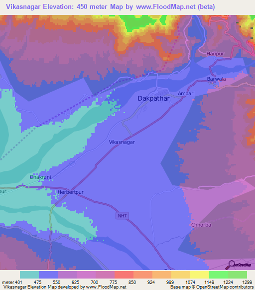 Vikasnagar,India Elevation Map