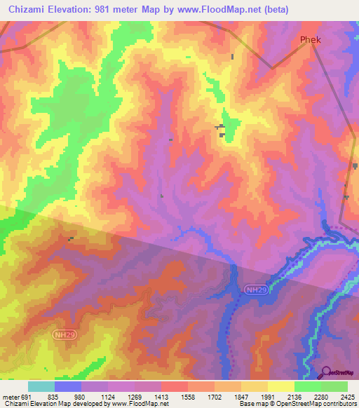 Chizami,India Elevation Map