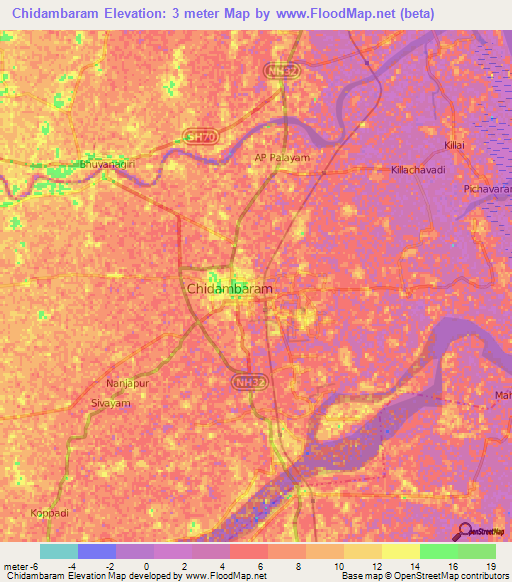 Chidambaram,India Elevation Map