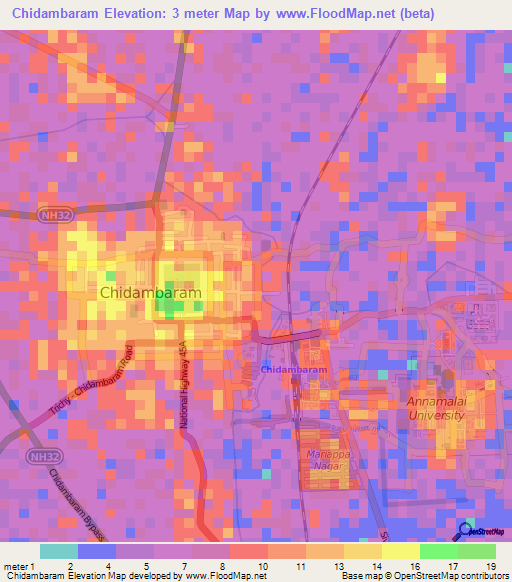Chidambaram,India Elevation Map