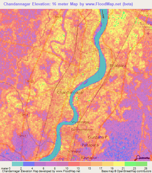 Chandannagar,India Elevation Map