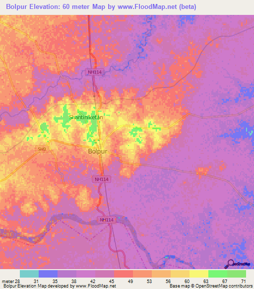 Bolpur,India Elevation Map