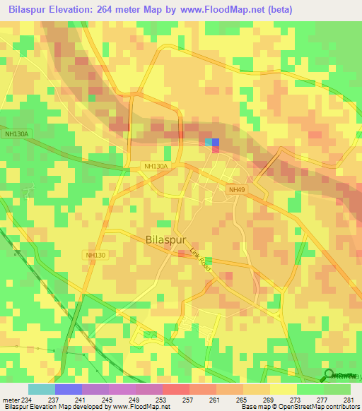 Bilaspur,India Elevation Map