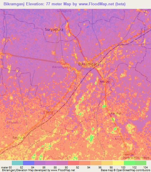 Bikramganj,India Elevation Map