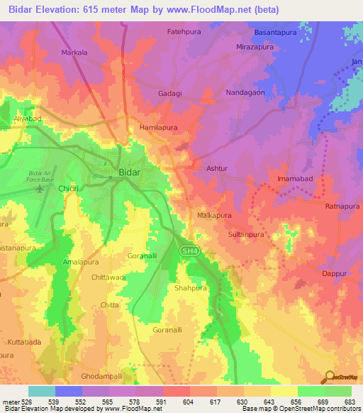 Bidar,India Elevation Map