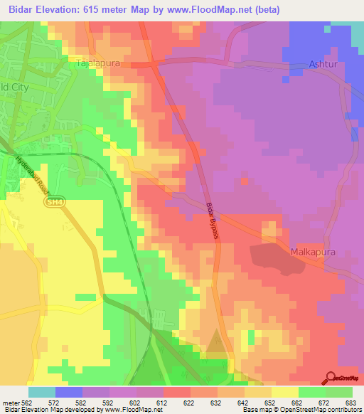 Bidar,India Elevation Map