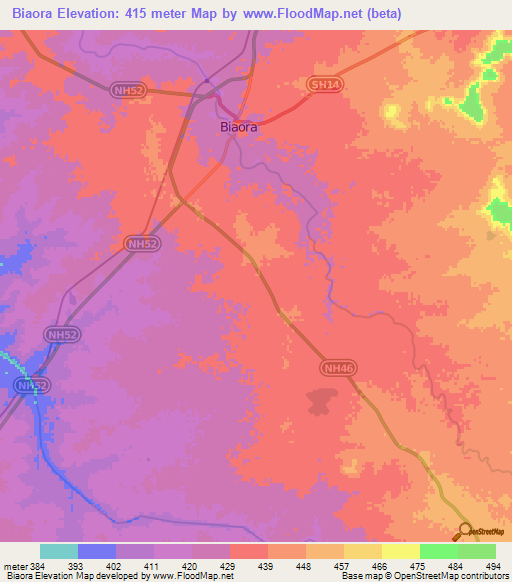 Biaora,India Elevation Map