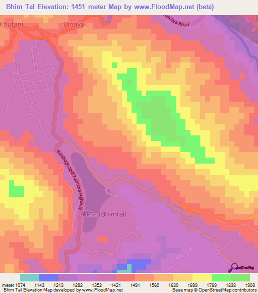 Bhim Tal,India Elevation Map