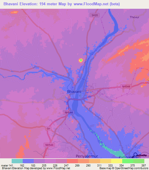 Bhavani,India Elevation Map