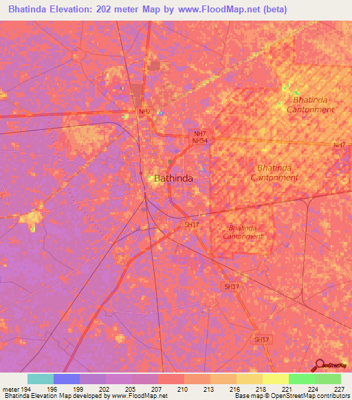 Bhatinda,India Elevation Map