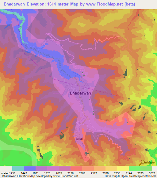 Bhadarwah,India Elevation Map