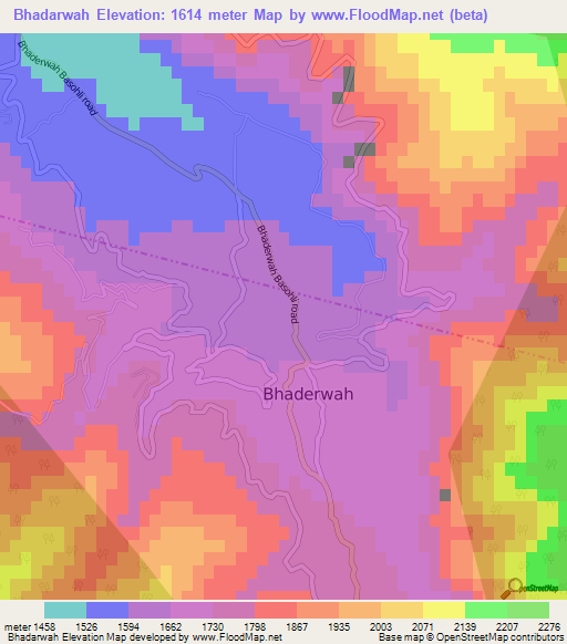 Bhadarwah,India Elevation Map