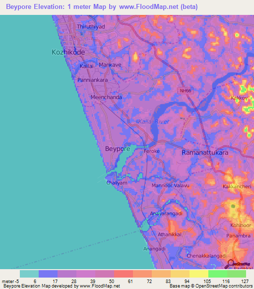 Beypore,India Elevation Map