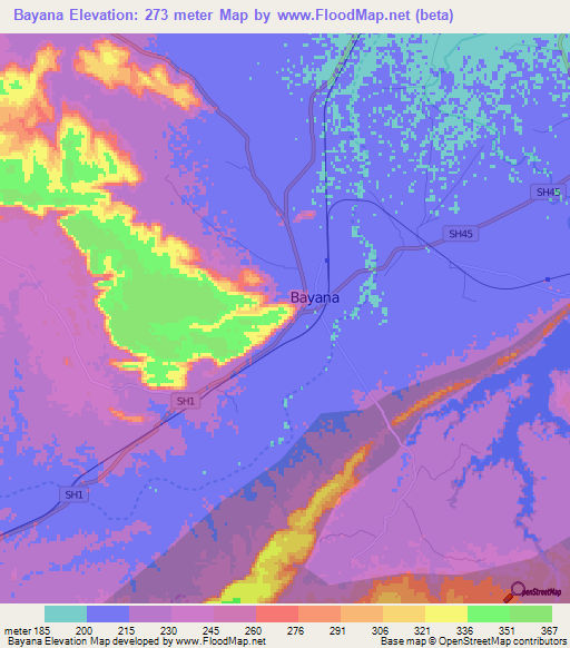 Bayana,India Elevation Map