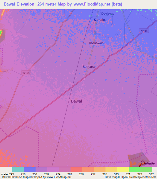 Bawal,India Elevation Map