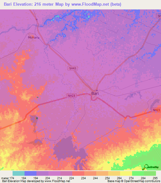 Bari,India Elevation Map