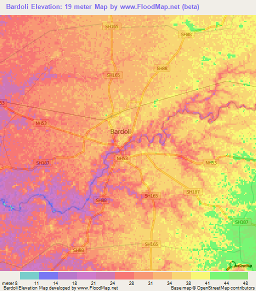 Bardoli,India Elevation Map