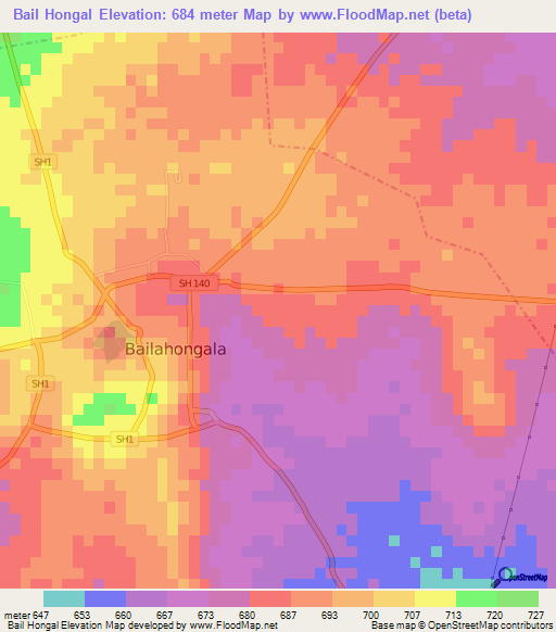 Bail Hongal,India Elevation Map