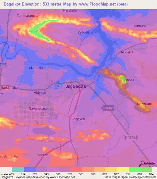 Bagalkot,India Elevation Map
