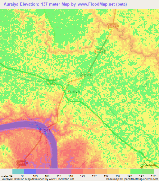 Auraiya,India Elevation Map