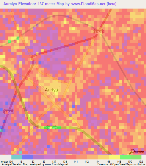 Auraiya,India Elevation Map