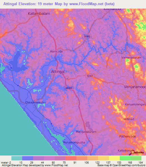 Attingal,India Elevation Map