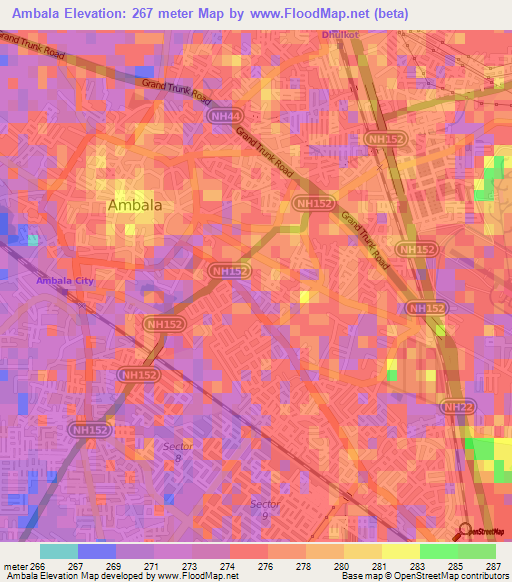 Ambala,India Elevation Map