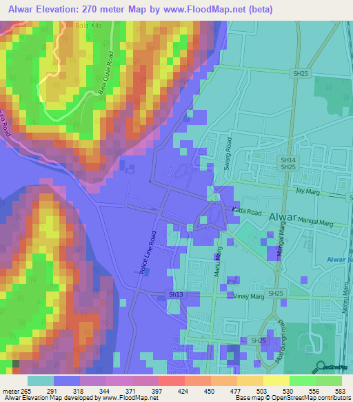 Alwar,India Elevation Map