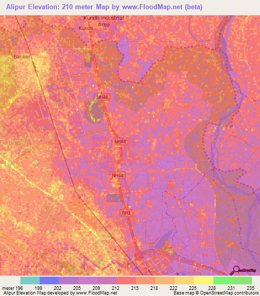 Alipur,India Elevation Map
