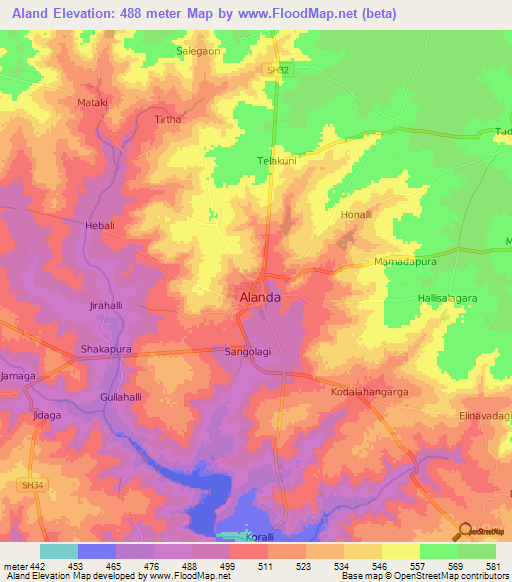 Aland,India Elevation Map
