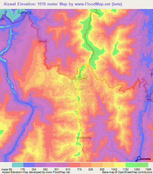 Aizawl,India Elevation Map