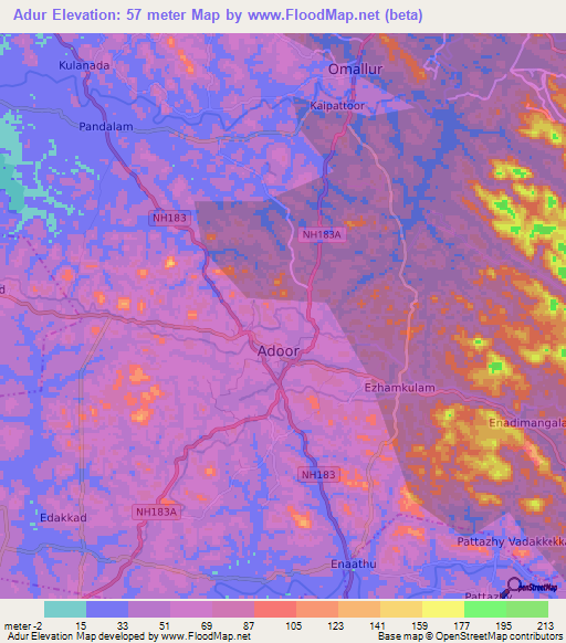 Adur,India Elevation Map