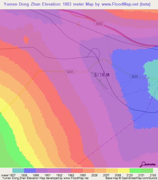 Yumen Dong Zhan,China Elevation Map