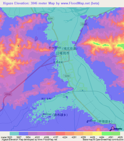 Xigaze,China Elevation Map