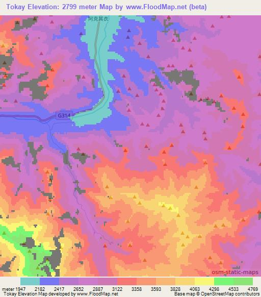 Tokay,China Elevation Map