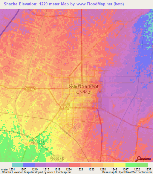Shache,China Elevation Map
