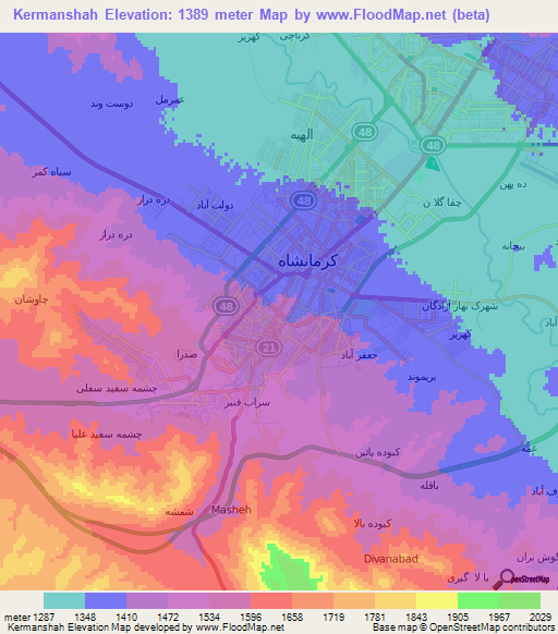 Kermanshah,Iran Elevation Map
