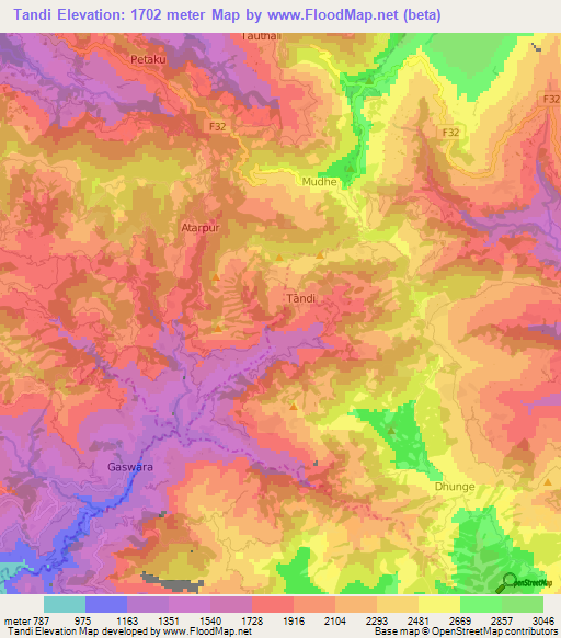 Tandi,Nepal Elevation Map