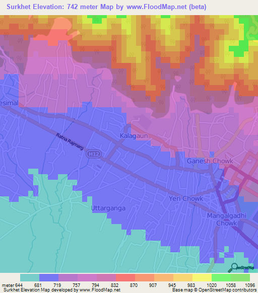 Surkhet,Nepal Elevation Map
