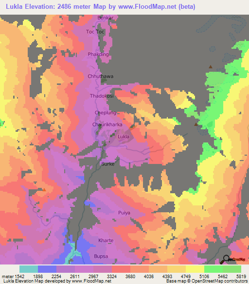 Lukla,Nepal Elevation Map