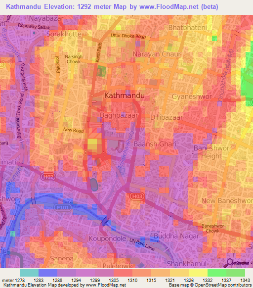 Kathmandu,Nepal Elevation Map
