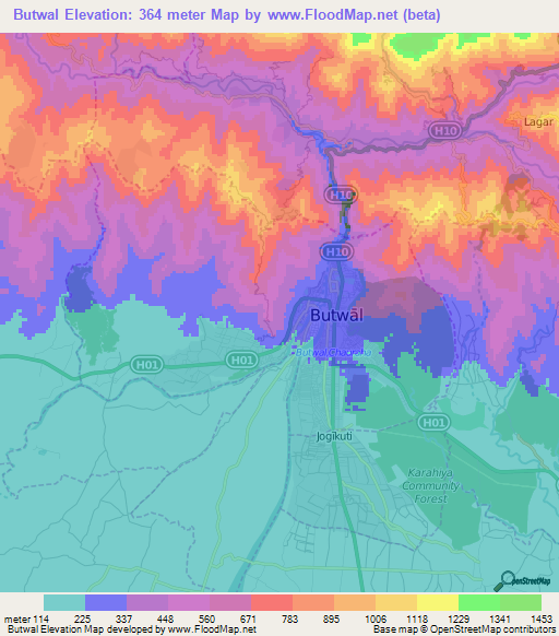 Butwal,Nepal Elevation Map