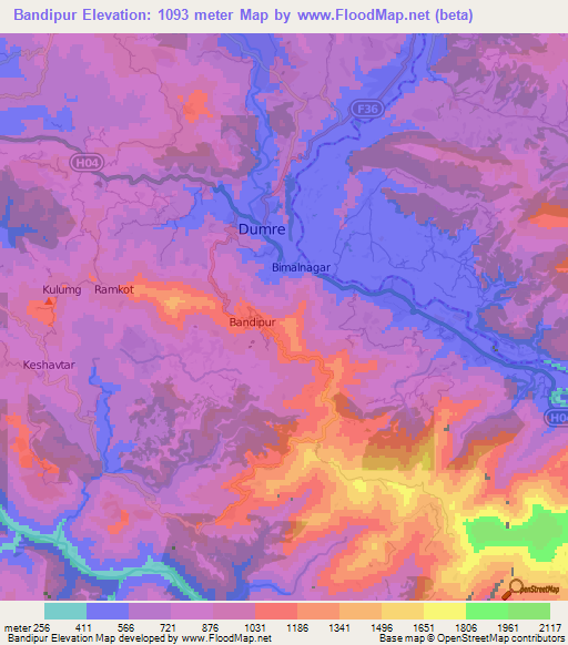 Bandipur,Nepal Elevation Map