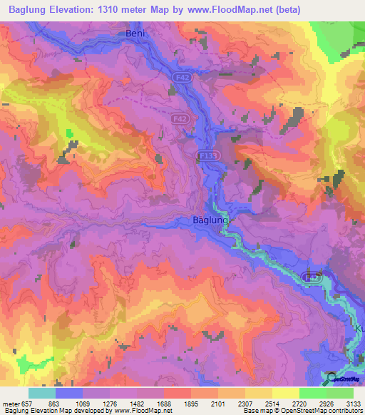 Baglung,Nepal Elevation Map