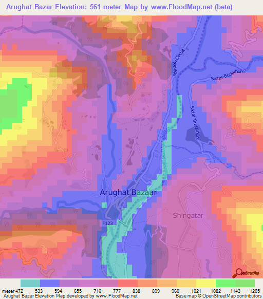 Arughat Bazar,Nepal Elevation Map