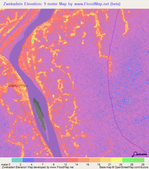 Zwekadein,Myanmar Elevation Map